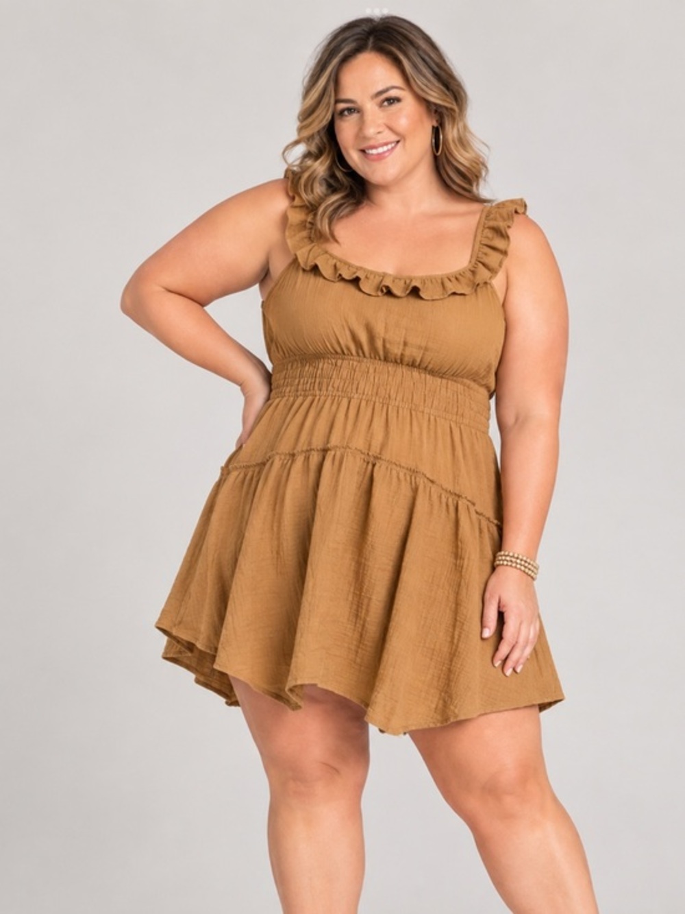 Elegant Cognac Ruffle tiered y2K flirty skater girl Dress in size 2X